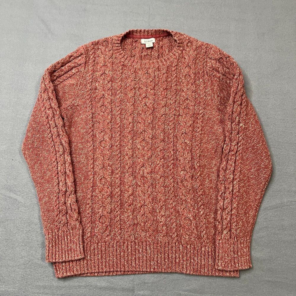 L.L.Bean Sweater Women's Medium Orange 100% Cotton Cable Knit Crewneck Pullover